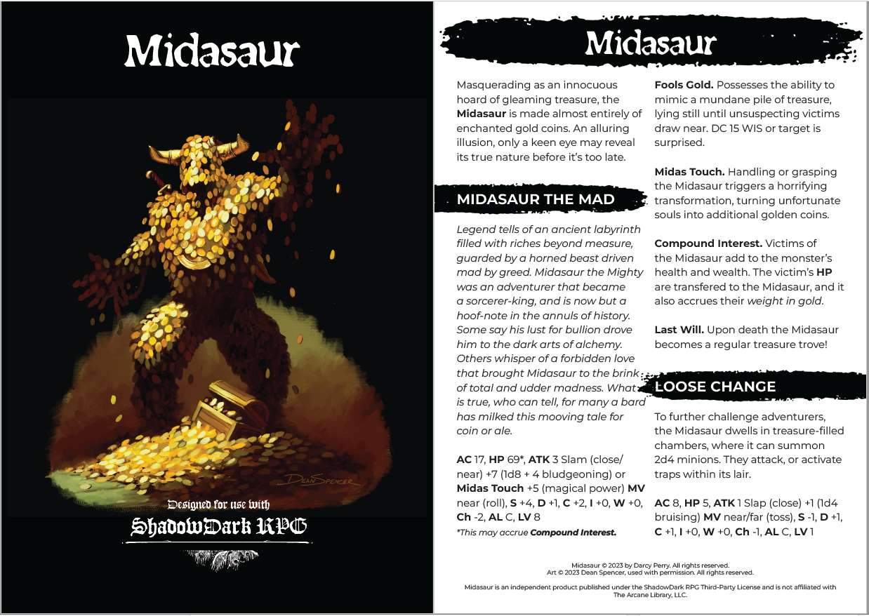 Shadowdark RPG Midasaur by Darcy Perry