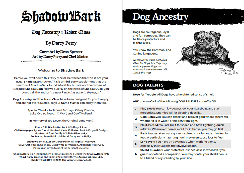 ShadowDark Dog Ancestry & Rover Class