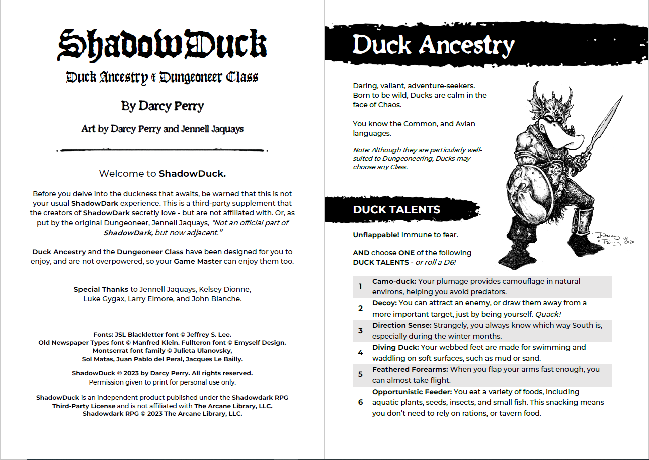 ShadowDark Duck Ancestry & Dungeoneer Class
